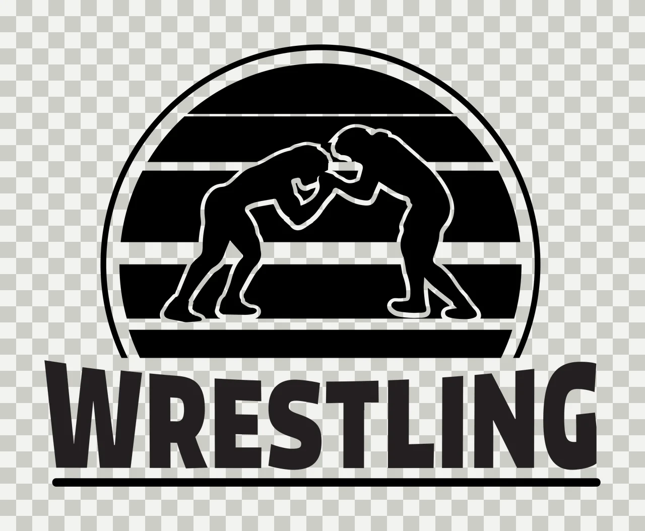WRESTLING wrestlers Design with silhouette wrestlers, striped arch frame, text line and bold typography in black and white transparency and detail preview thumbnail
