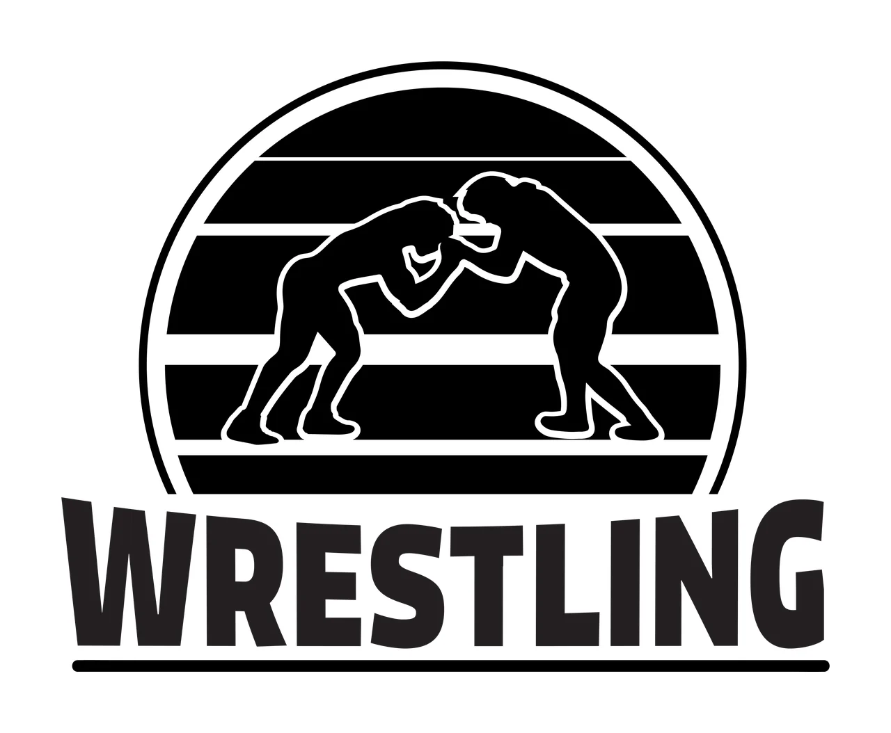 WRESTLING wrestlers Design with silhouette wrestlers, striped arch frame, text line and bold typography in black and white