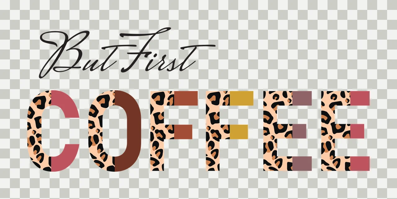 But First COFFEE Typography Design with leopard print pattern, colored rectangular blocks, cursive text 'But First' and blocky uppercase 'COFFEE' in beige, black and brown transparency and detail preview thumbnail