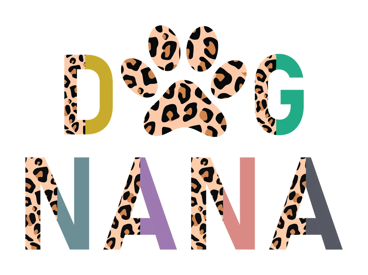 DOG NANA Typography Design with letter D, paw print icon, leopard pattern and color blocking in white, tan and black