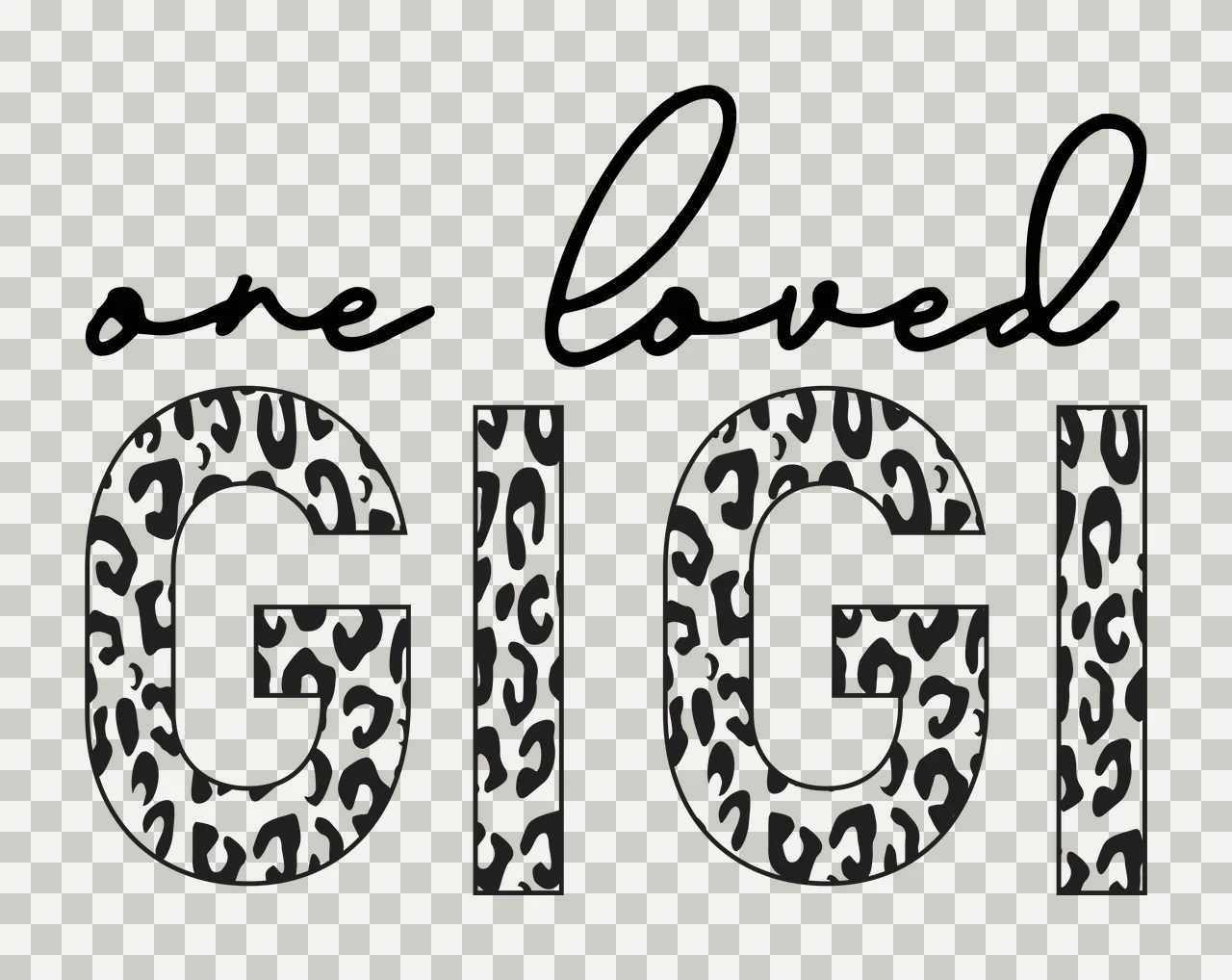 One loved GIGI Typography Design with black cursive text 'one loved' and leopard-patterned letters 'GIGI' in white transparency and detail preview thumbnail