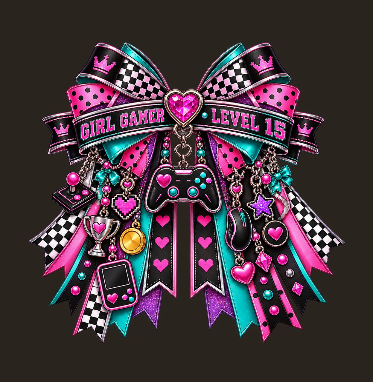 Girl Gamer Level 15 Bow Charm PNG, Patterned Coquette Bow Clipart, Transparent Sublimation Digital Download contrast preview thumbnail