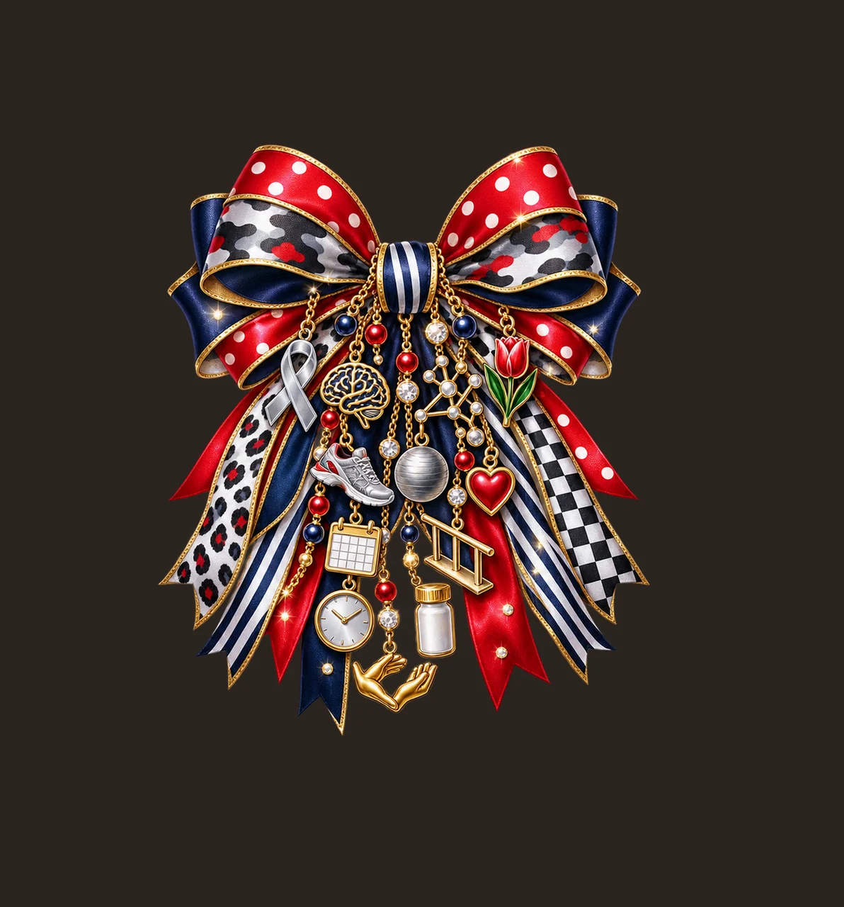 Parkinson's Disease Awareness Bow Charm PNG, Themed Gold Chain Charms, Coquette Ribbon Sublimation Design, Transparent Digital Download contrast preview thumbnail