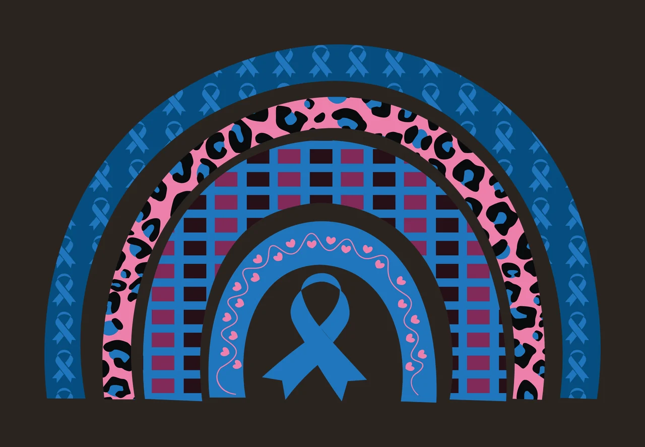 Rainbow arch design with central blue awareness ribbon with pink leopard print, purple grid pattern, blue ribbons repeating and pink hearts in black contrast preview thumbnail
