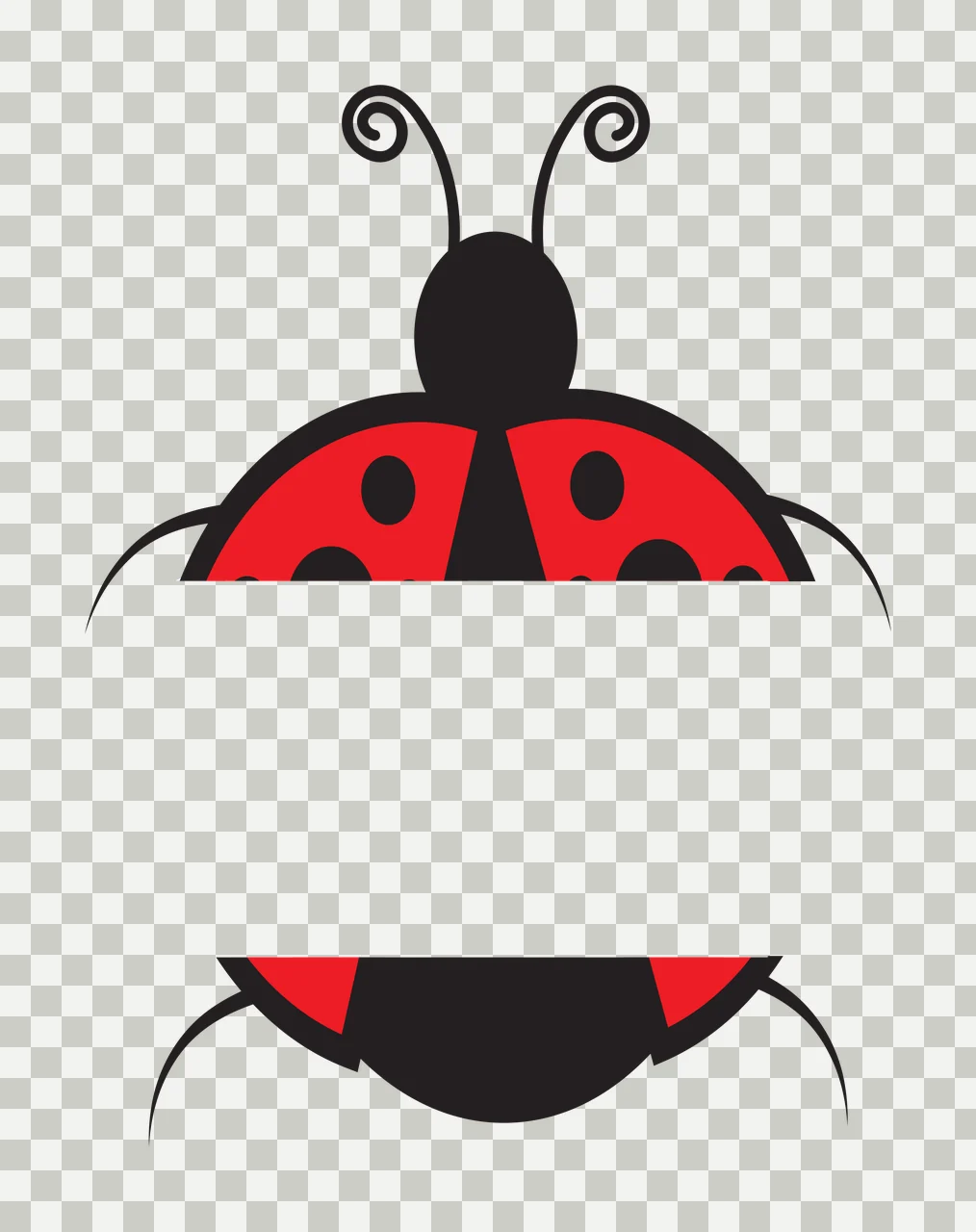 Split ladybug logo Illustration with red ladybug body, black spots, black antennae and curled antenna tips in white transparency and detail preview thumbnail
