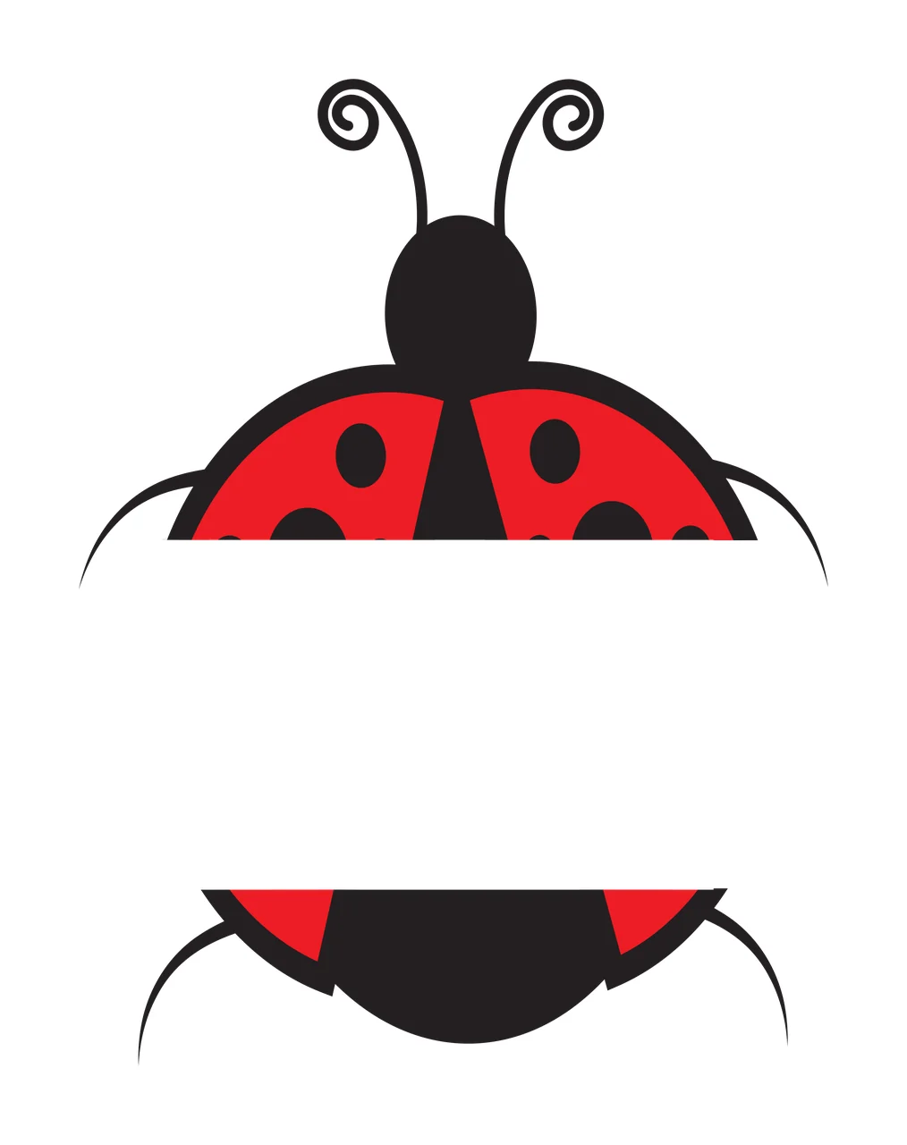 Split ladybug logo Illustration with red ladybug body, black spots, black antennae and curled antenna tips in white