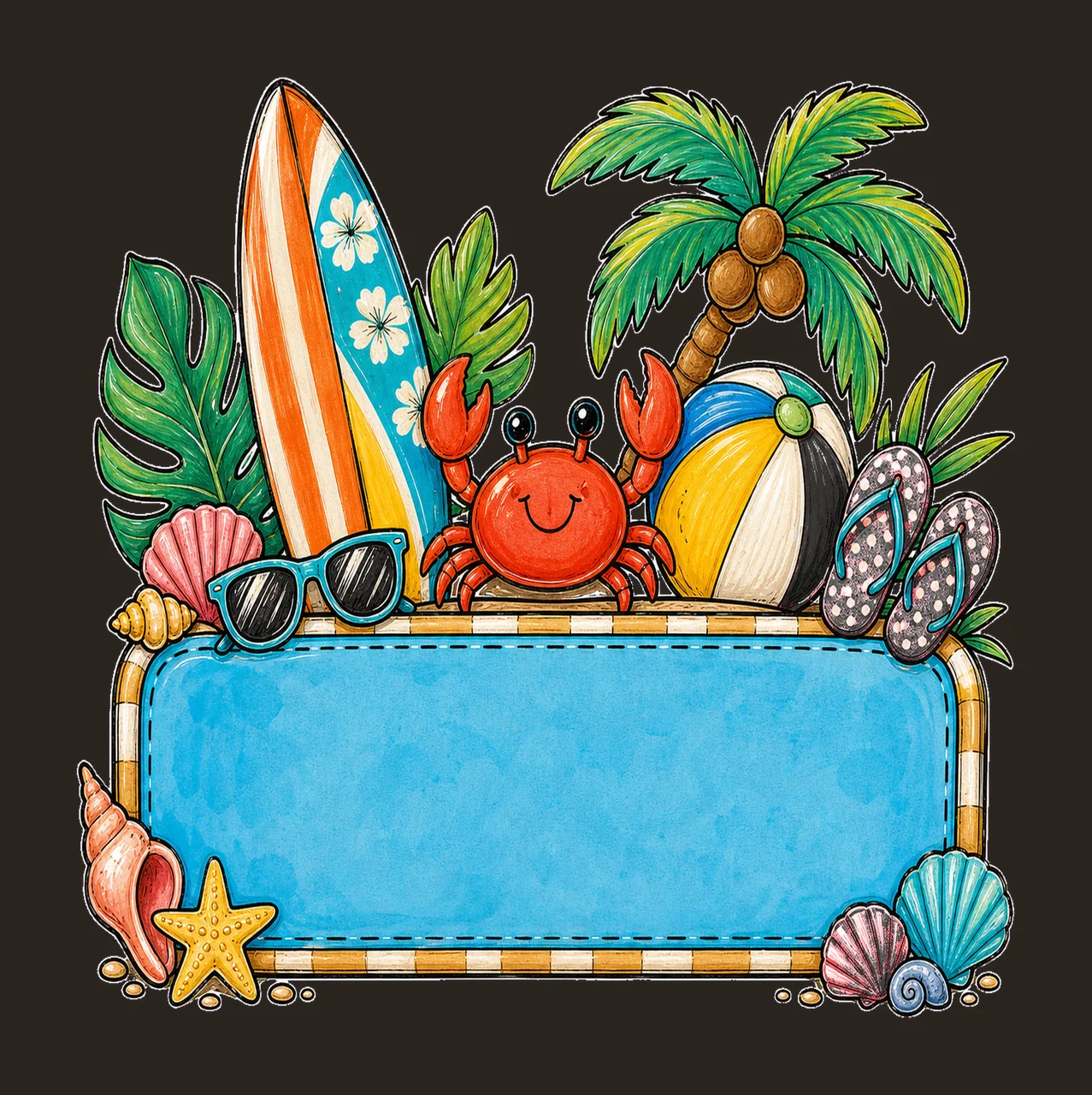 Summer Beach Name Plate Frame Design Hand Drawn Variation D contrast preview thumbnail