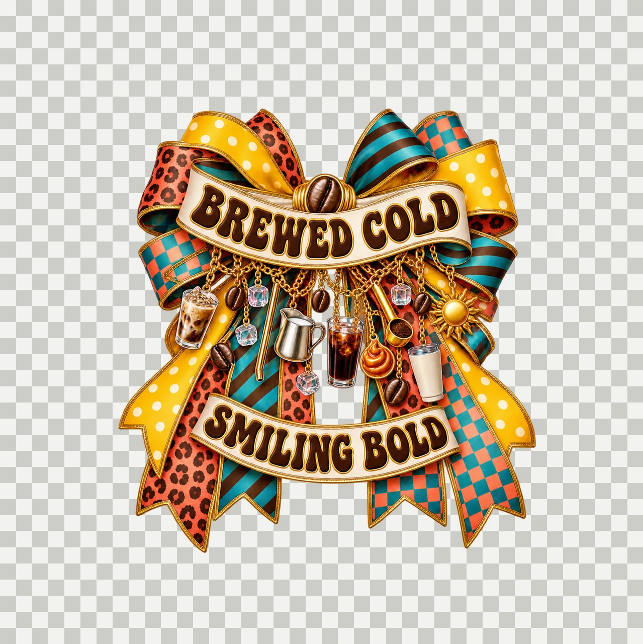 Brewed Cold Smiling Bold Bow Charm PNG, Iced Coffee Quote Clipart, Transparent Sublimation Digital Download transparency and detail preview thumbnail