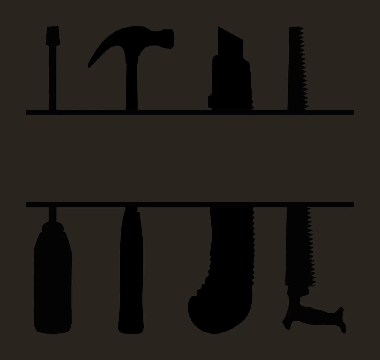 Silhouette Design of tool split monogram frame with hammer, screwdriver, utility knife and handsaw in black and white contrast preview thumbnail