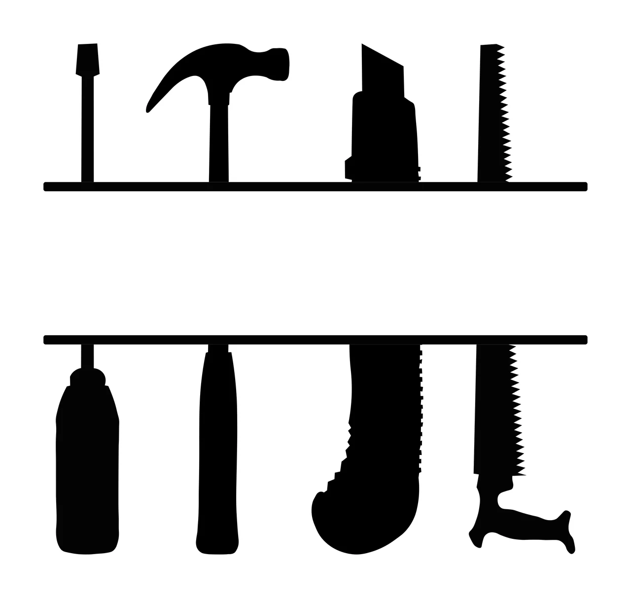 Silhouette Design of tool split monogram frame with hammer, screwdriver, utility knife and handsaw in black and white