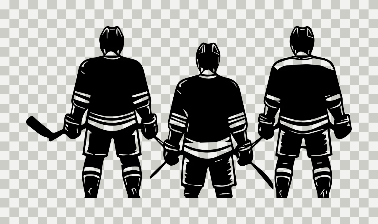 Hockey Three Players Standing Together Silhouette sticks helmets transparency and detail preview thumbnail