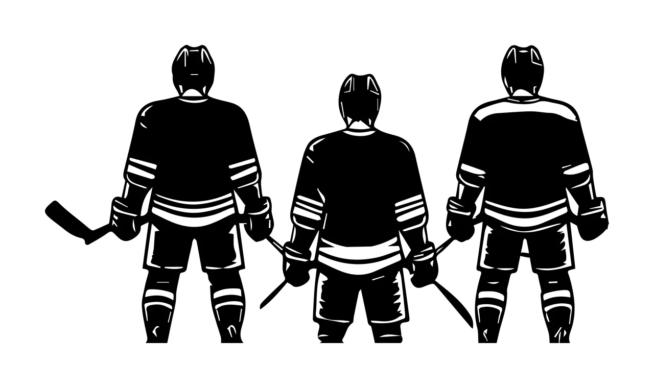 Hockey Three Players Standing Together Silhouette sticks helmets