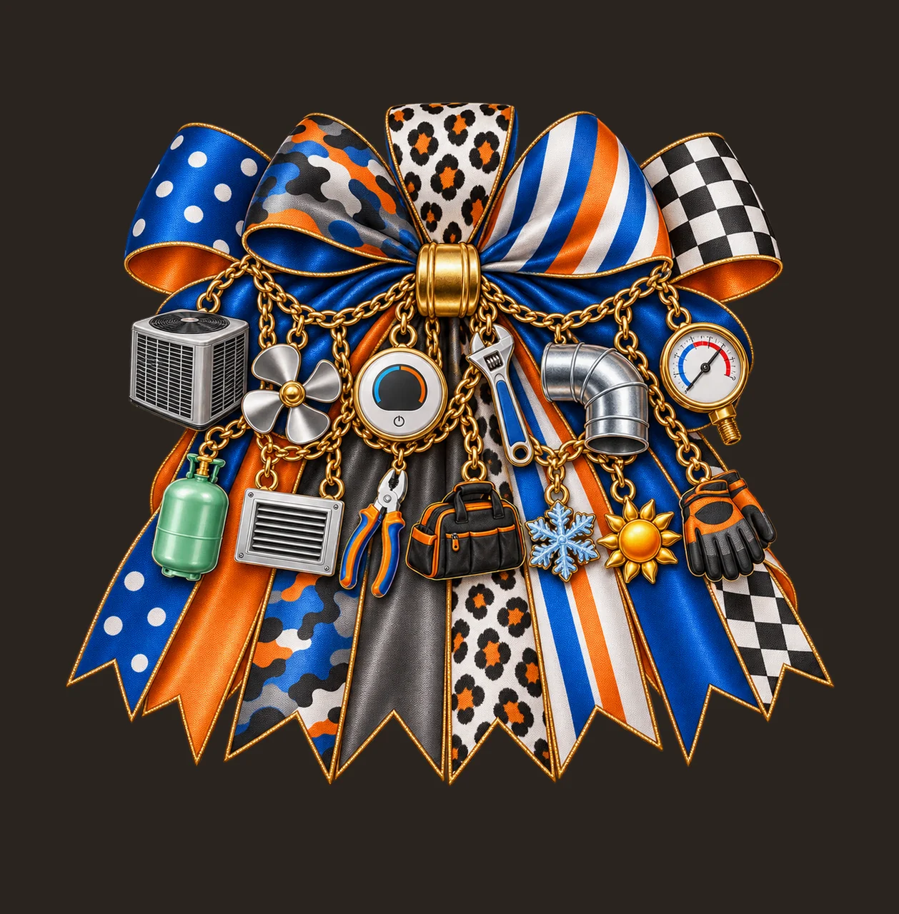 HVAC Technician Bow Charm PNG, Themed Gold Chain Charms, Coquette Ribbon Sublimation Design, Transparent Digital Download contrast preview thumbnail
