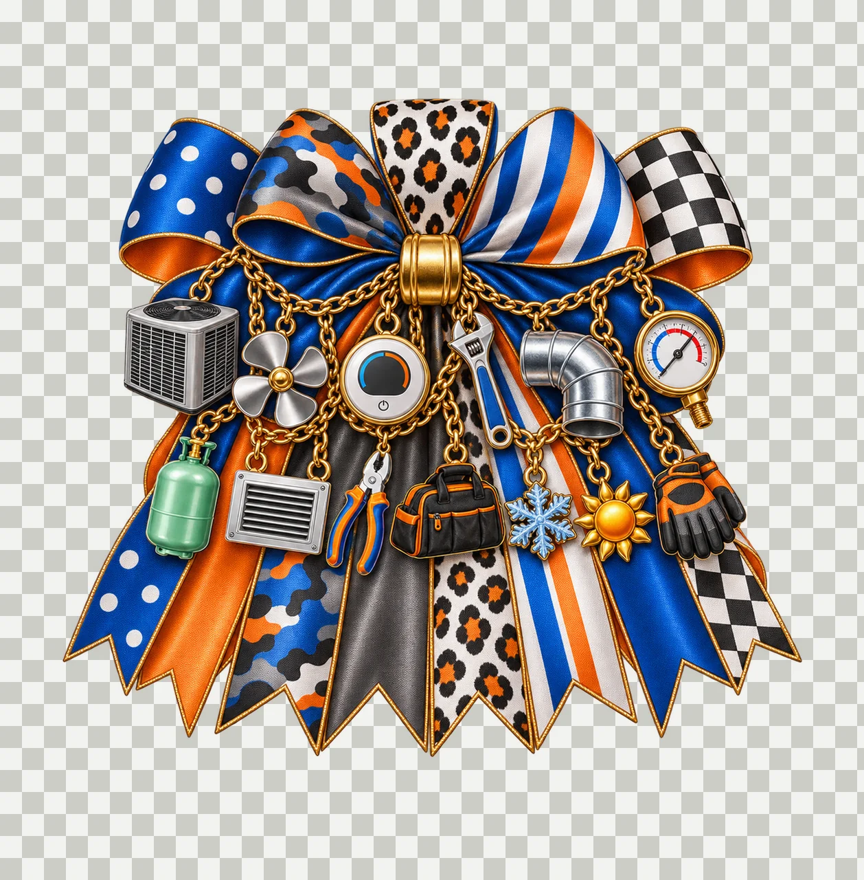 HVAC Technician Bow Charm PNG, Themed Gold Chain Charms, Coquette Ribbon Sublimation Design, Transparent Digital Download transparency and detail preview thumbnail