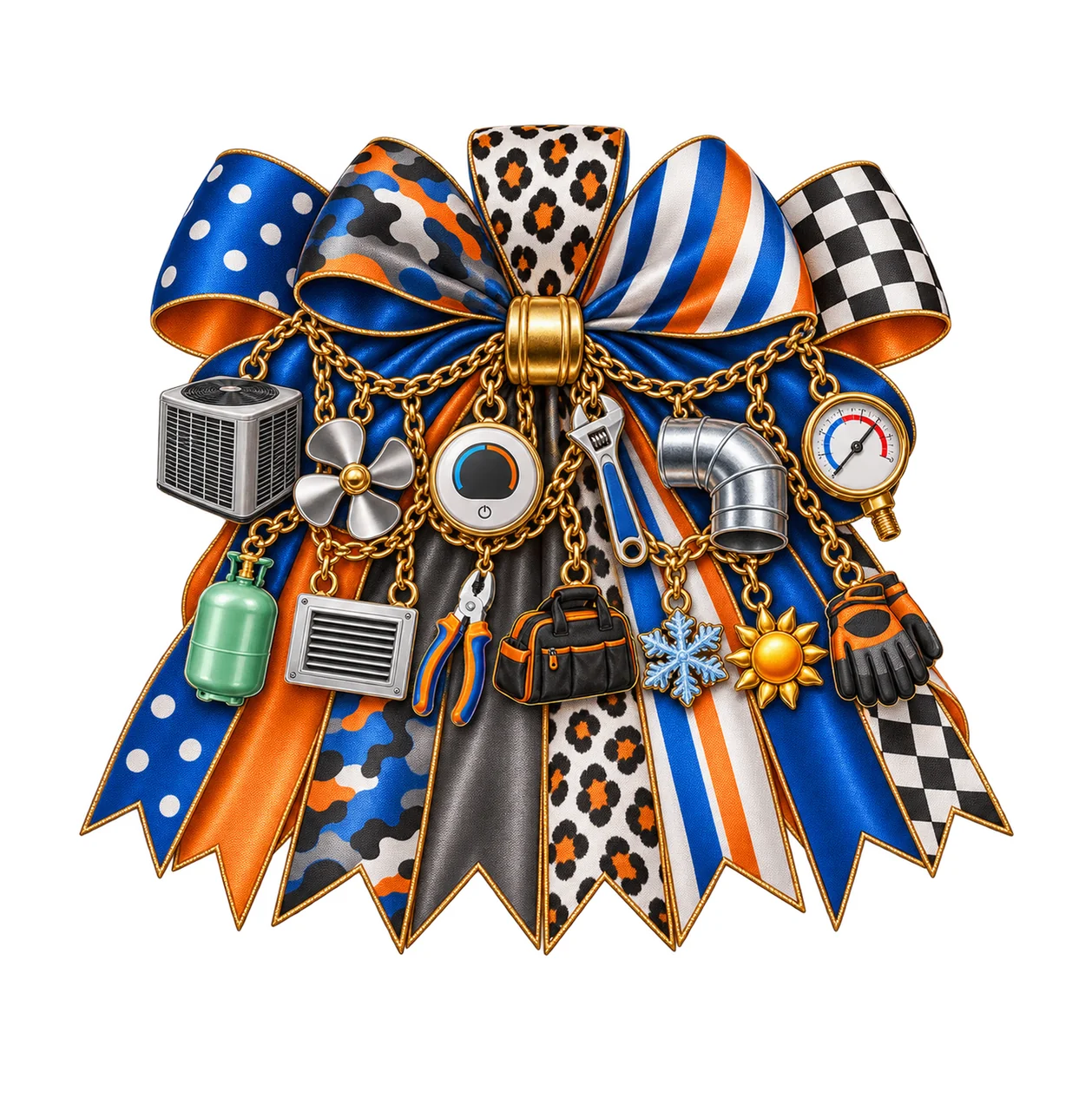 HVAC Technician Bow Charm PNG, Themed Gold Chain Charms, Coquette Ribbon Sublimation Design, Transparent Digital Download