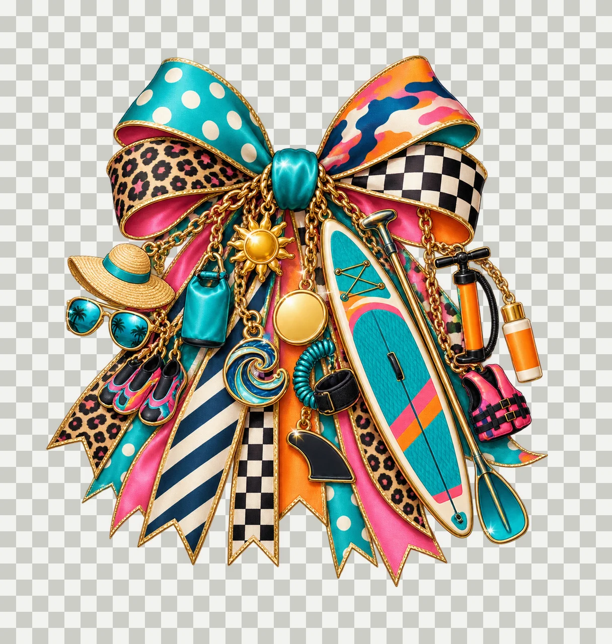 Paddleboarding Lover Bow Charm PNG, Themed Gold Chain Charms, Coquette Ribbon Sublimation Design, Transparent Digital Download transparency and detail preview thumbnail