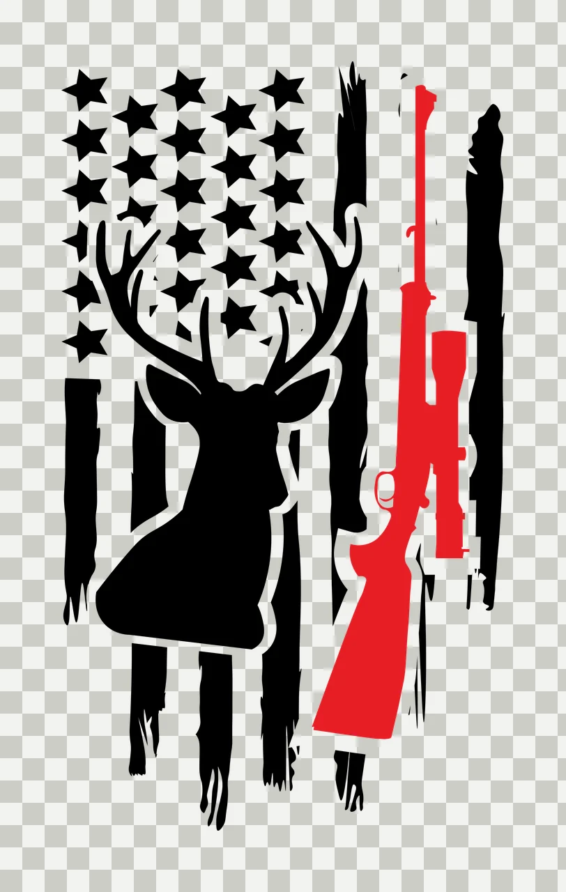 American Flag Deer Head Silhouette with Antlers and Rifle, Black and White Vertically Striped Flag Background Graphic transparency and detail preview thumbnail