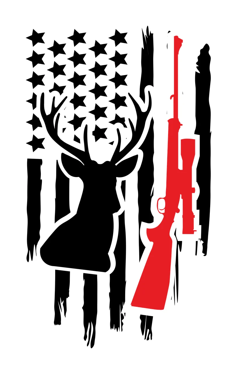 American Flag Deer Head Silhouette with Antlers and Rifle, Black and White Vertically Striped Flag Background Graphic