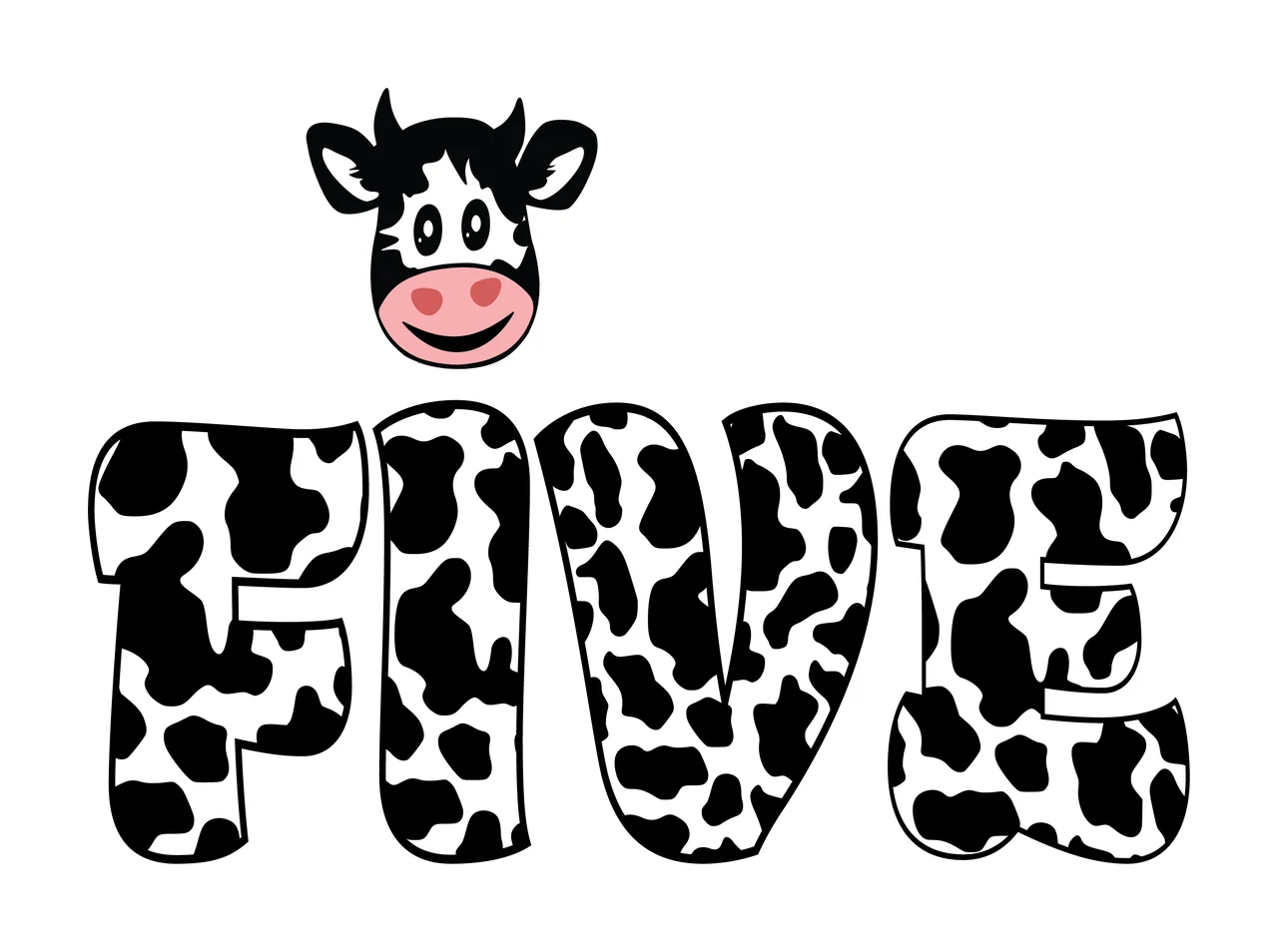 Cow Five Text With Spots letters head black white plain animal