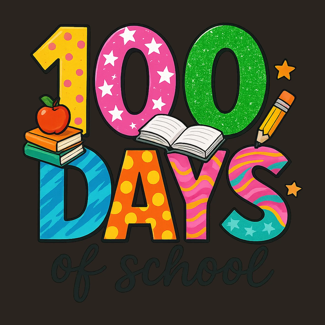 100 Days of School Colorful Book Pencil Sublimation Design contrast preview thumbnail