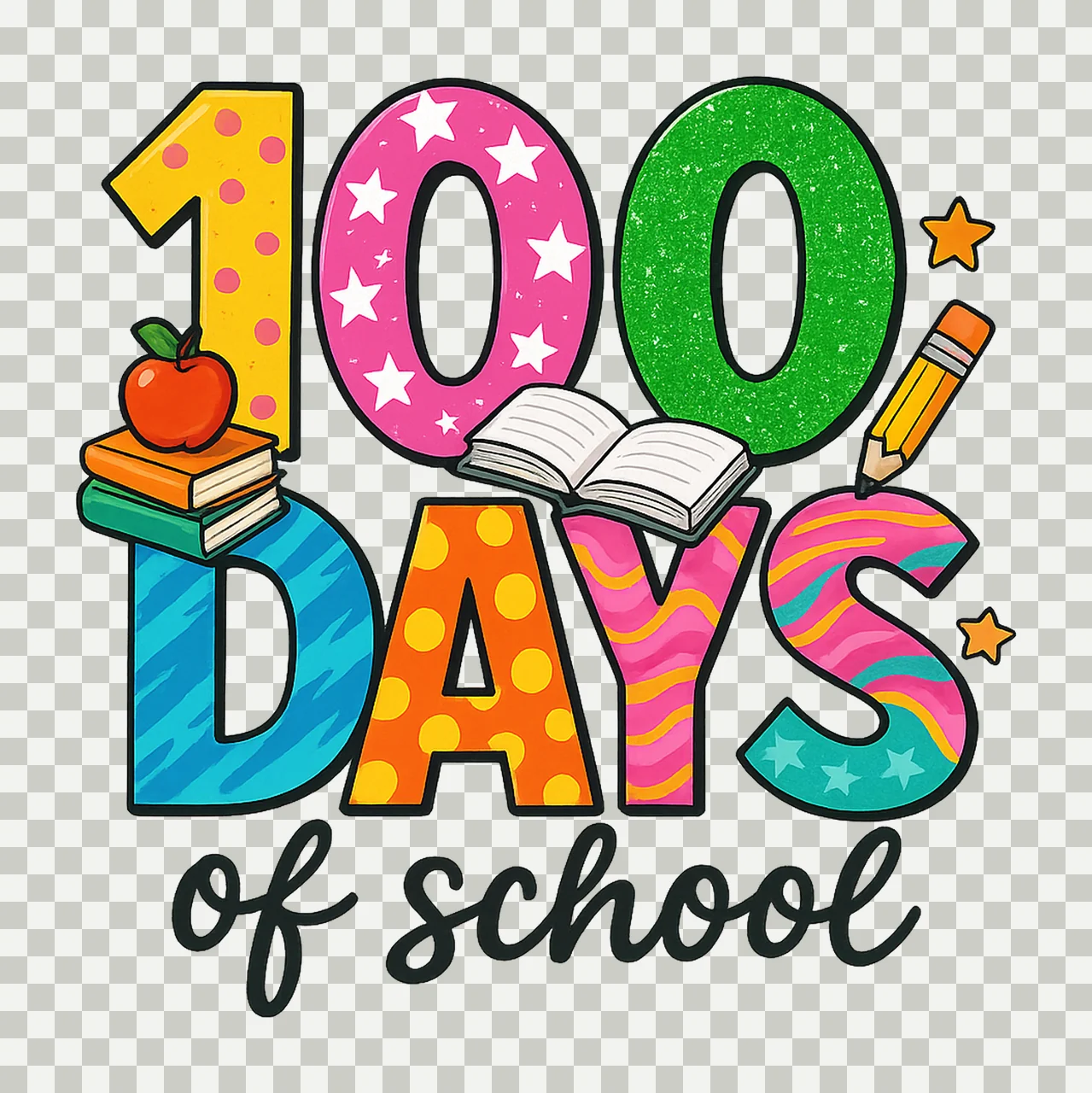 100 Days of School Colorful Book Pencil Sublimation Design transparency and detail preview thumbnail