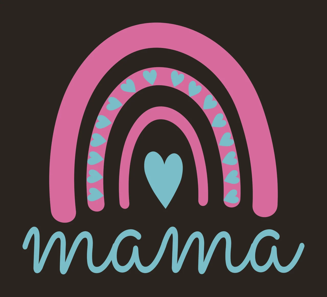 Mama rainbow Design with rainbow arches, small hearts pattern, center heart and cursive text mama in pink, light blue and white contrast preview thumbnail