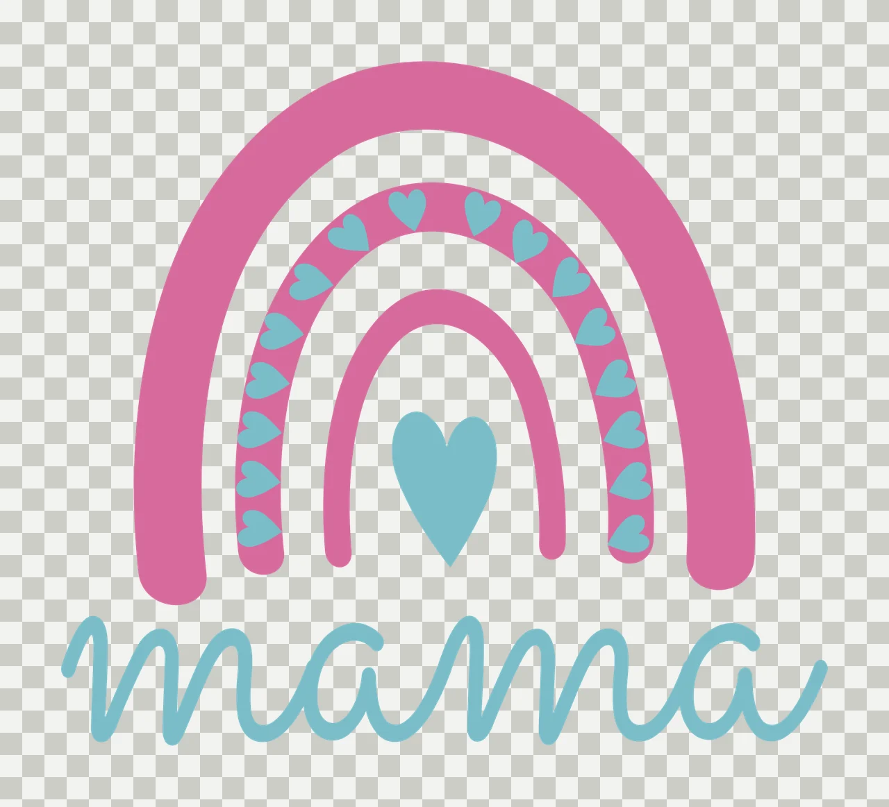 Mama rainbow Design with rainbow arches, small hearts pattern, center heart and cursive text mama in pink, light blue and white transparency and detail preview thumbnail