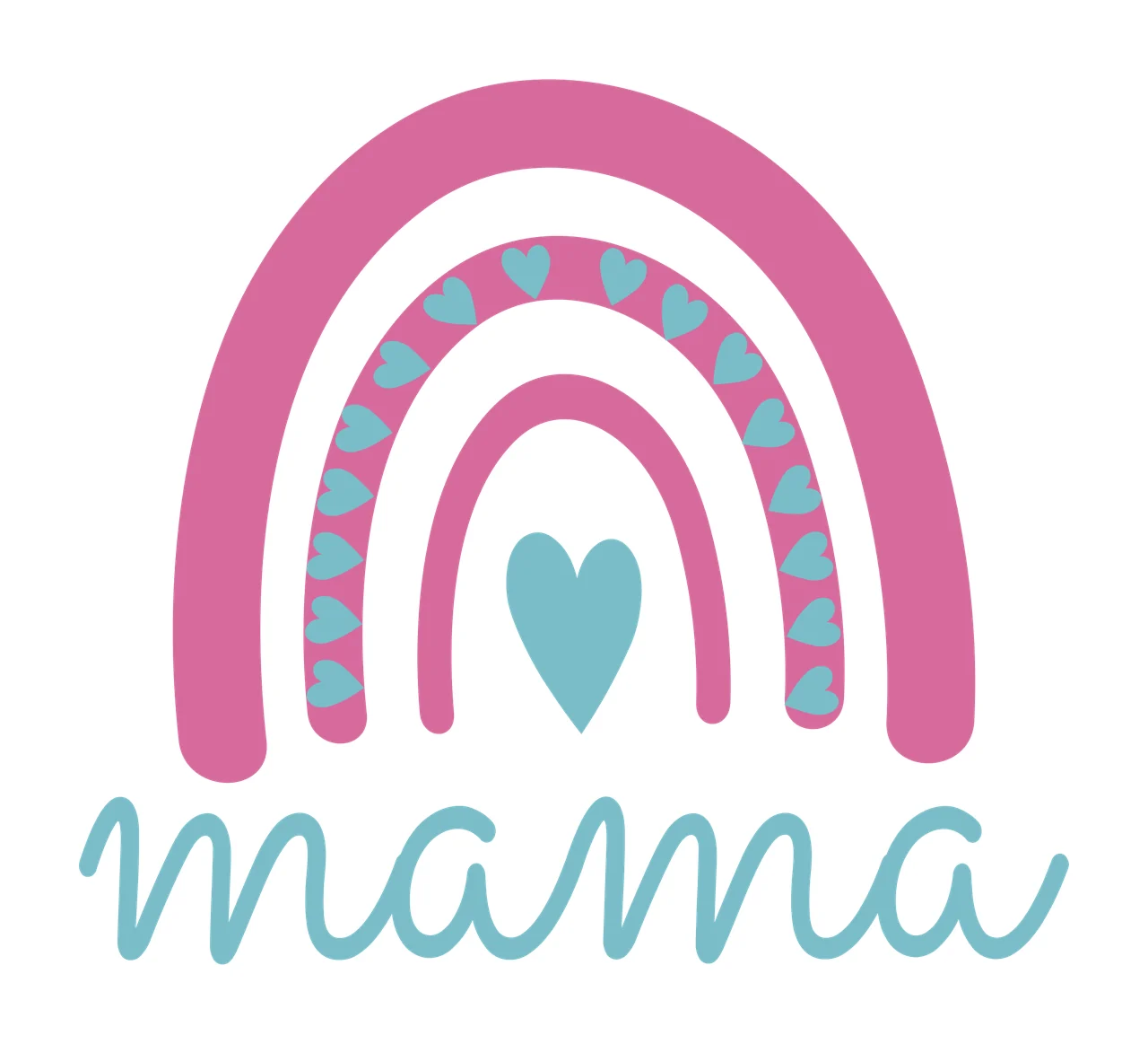 Mama rainbow Design with rainbow arches, small hearts pattern, center heart and cursive text mama in pink, light blue and white