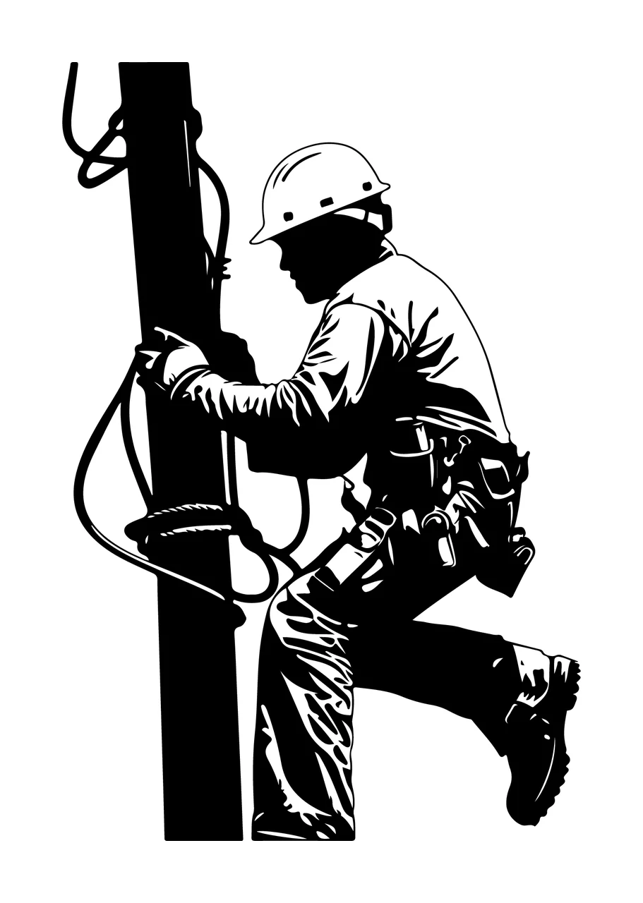 Linework Silhouette Of Utility Worker Climbing pole safety helmet