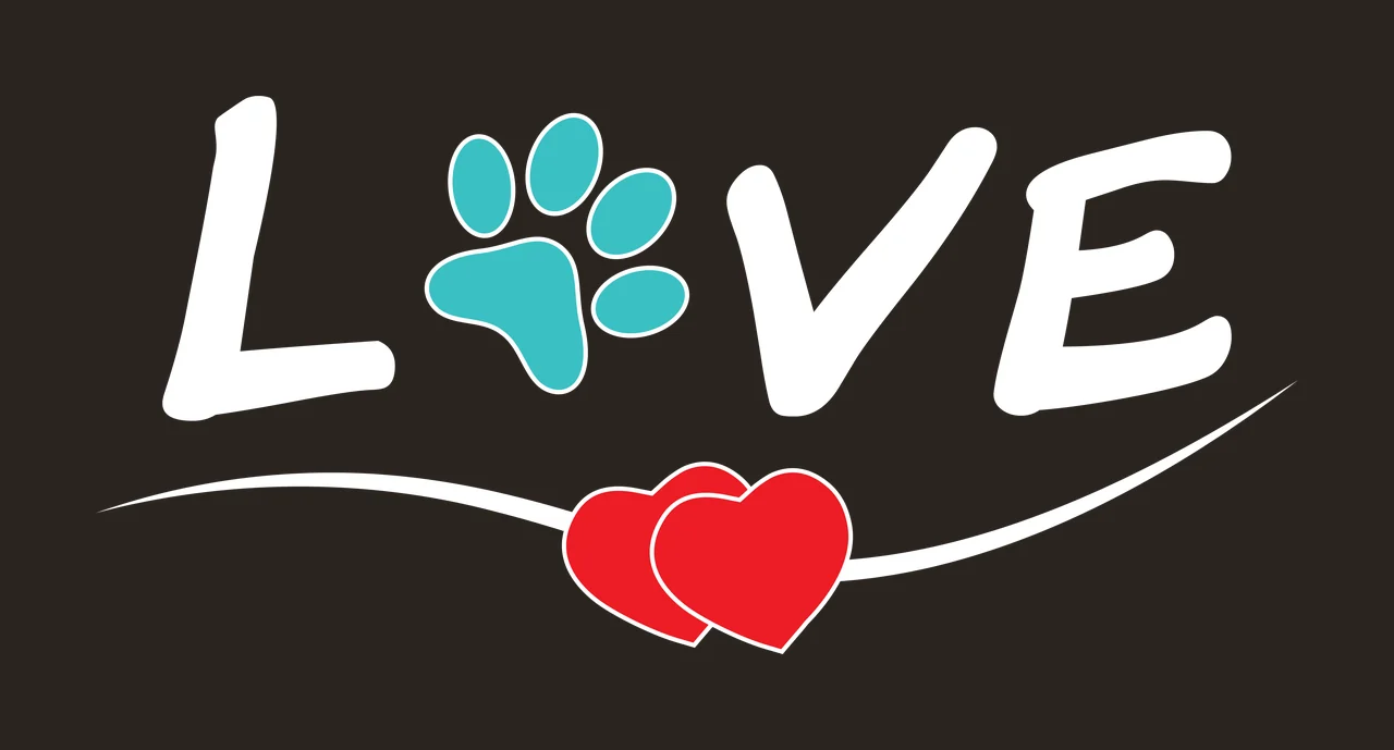 Teal paw print and two overlapping red hearts Illustration in white contrast preview thumbnail