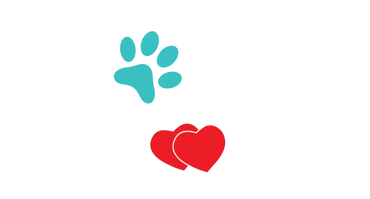Teal paw print and two overlapping red hearts Illustration in white