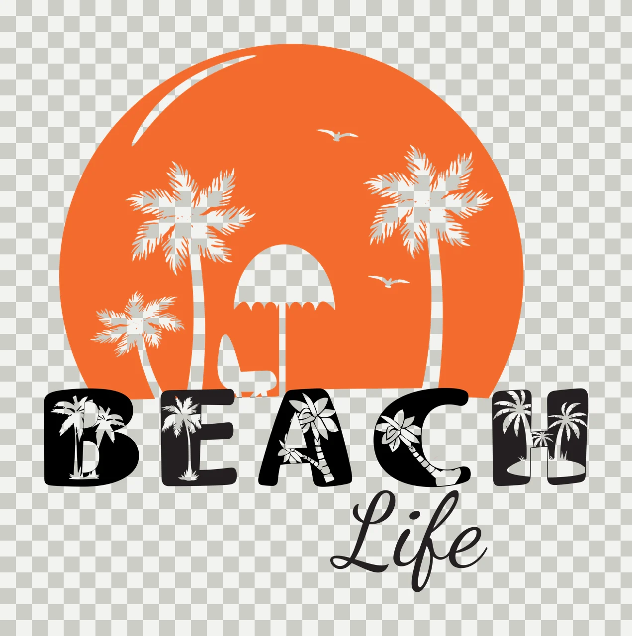 BEACH Life Beach Life logo design with orange circular sun, white palm trees, white beach chair and white umbrella in black transparency and detail preview thumbnail