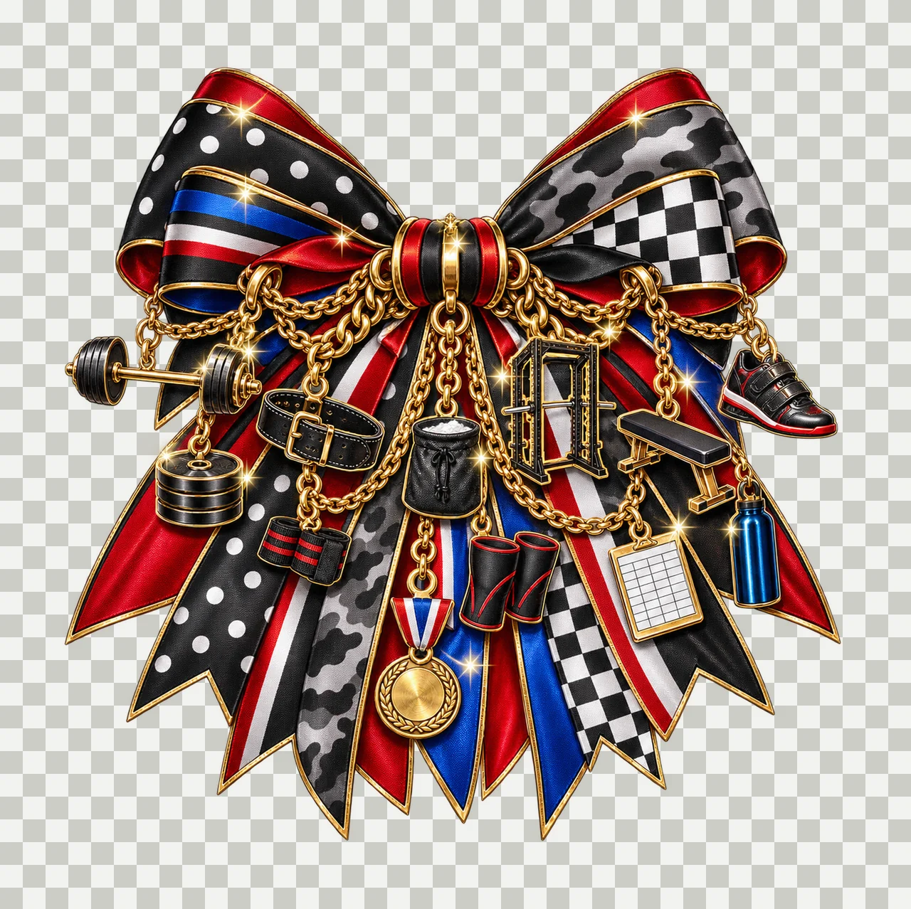 Powerlifting Lover Bow Charm PNG, Themed Gold Chain Charms, Coquette Ribbon Sublimation Design, Transparent Digital Download transparency and detail preview thumbnail