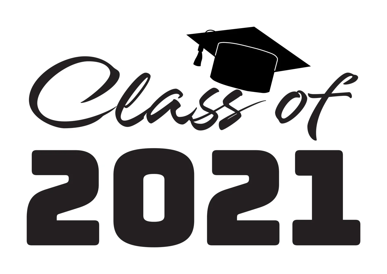 Class of 2021 Graduation commemorative design with black graduation cap with tassel, text 'Class of' in cursive script and text '2021' in bold block numerals in white
