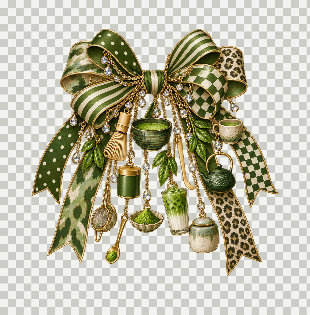 Matcha Lover Bow Charm PNG, Gold Chain Charms, Transparent Sublimation Design, Digital Download transparency and detail preview thumbnail