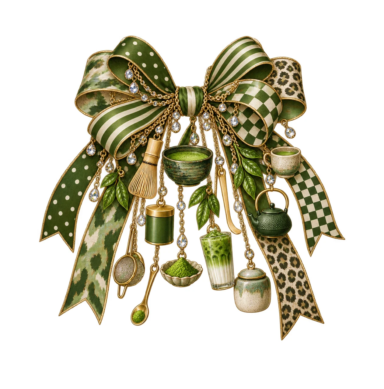 Matcha Lover Bow Charm PNG, Gold Chain Charms, Transparent Sublimation Design, Digital Download