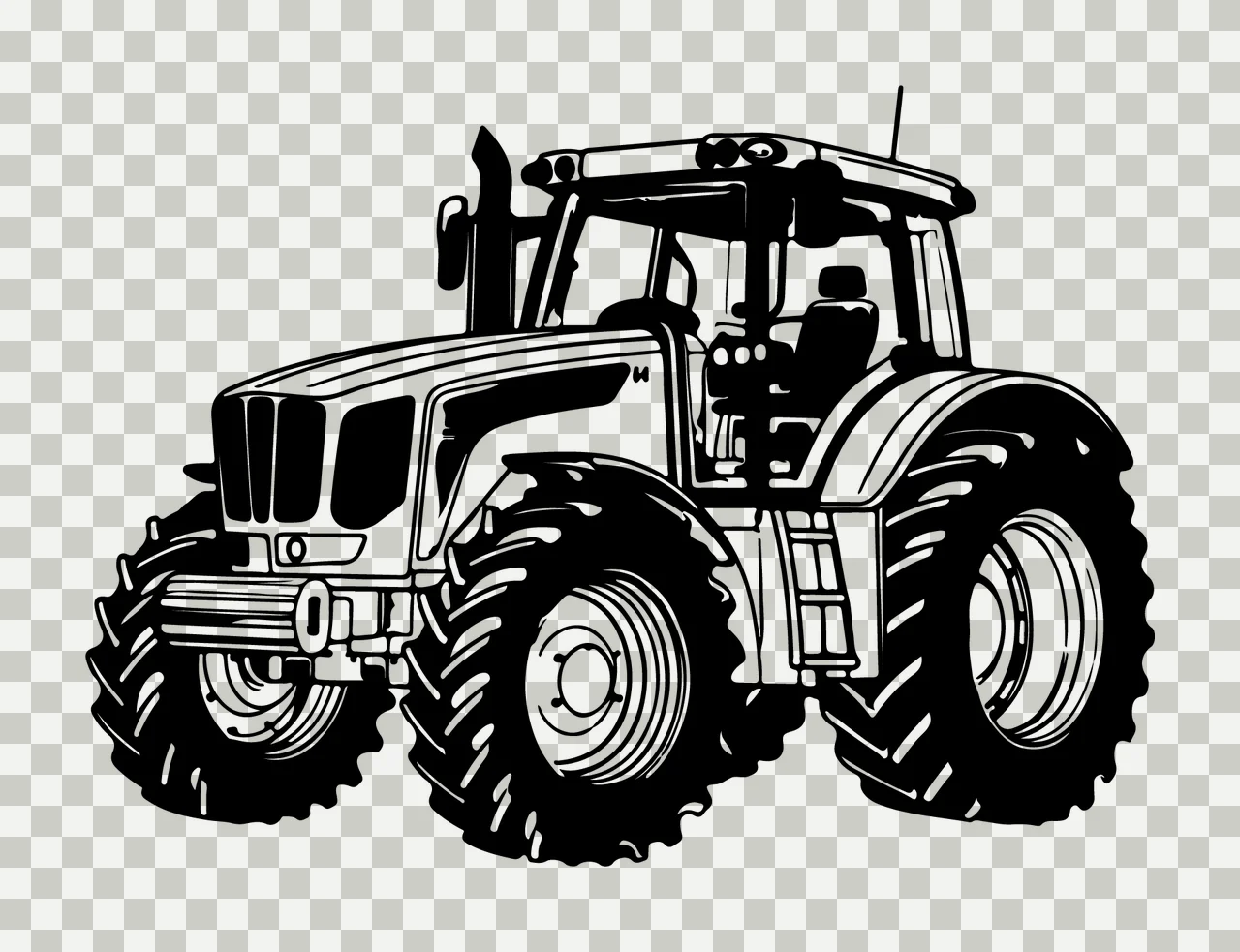 Large Farm Tractor In Side View wheels cab line drawing black transparency and detail preview thumbnail