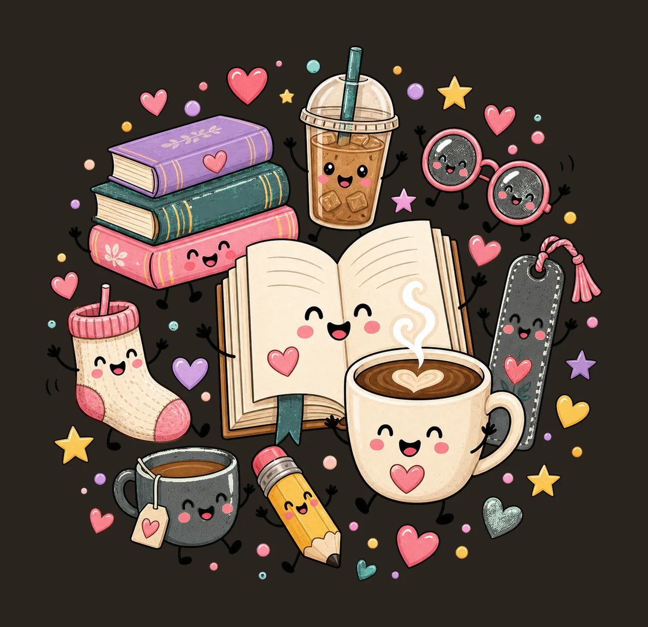 Books and Coffee Characters Doodle Cute Happy Variation E contrast preview thumbnail