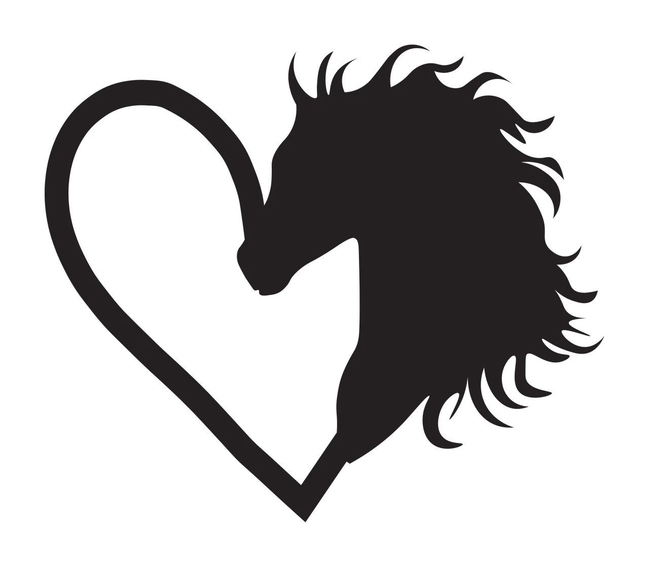 Horse head silhouette inside heart outline Illustration with heart-shaped outline and flowing mane in black and white