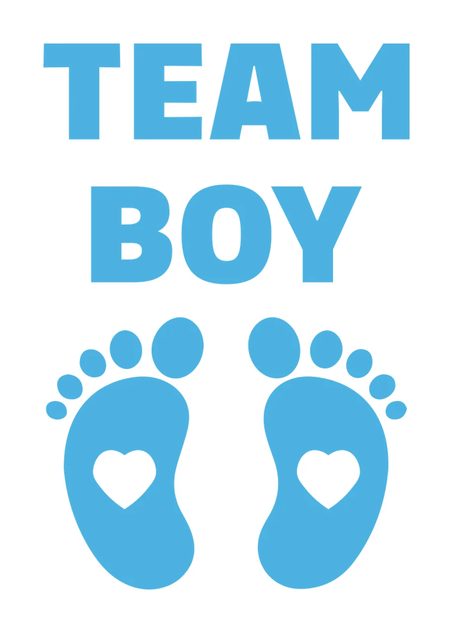 TEAM BOY Typography Design with TEAM BOY text, baby footprints and heart cutouts in light blue and white