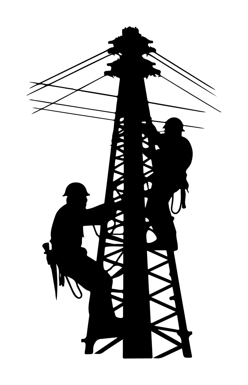 Line Electricians Working On Power Pylon climbing lines workers