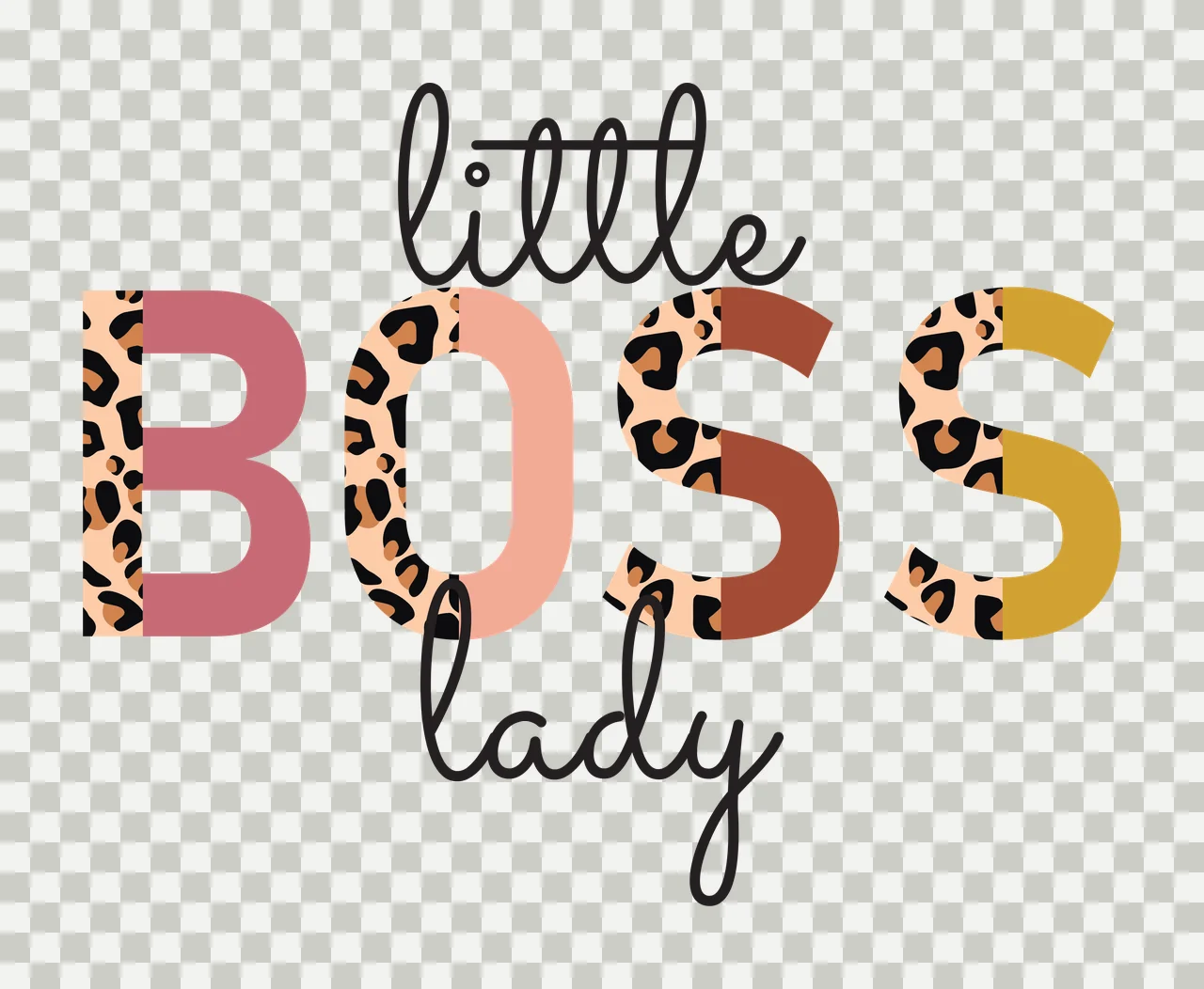 Little BOSS lady Typography Design with leopard print pattern, multi-colored letters and black cursive script in pink, peach and brown transparency and detail preview thumbnail