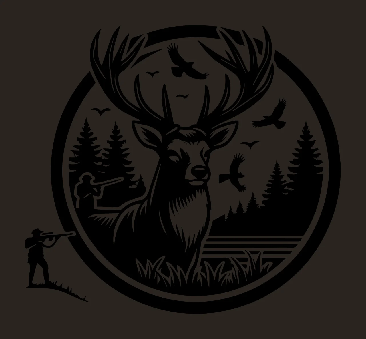 Hunting Hunter With Stag In Forest standing trees birds circle contrast preview thumbnail