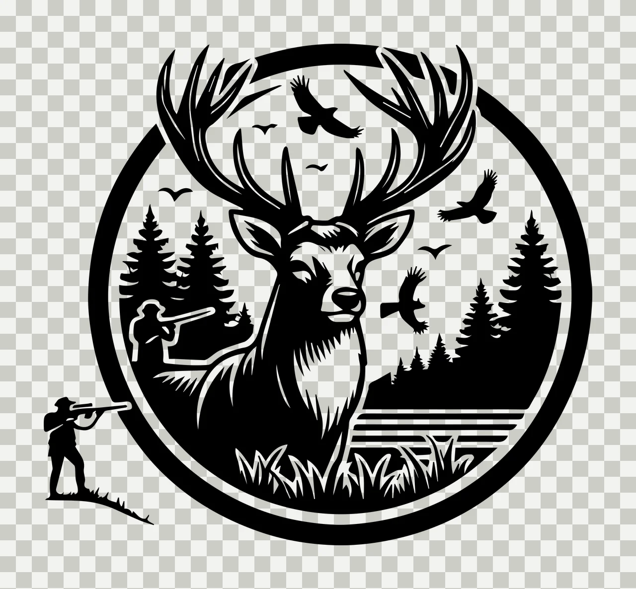 Hunting Hunter With Stag In Forest standing trees birds circle transparency and detail preview thumbnail