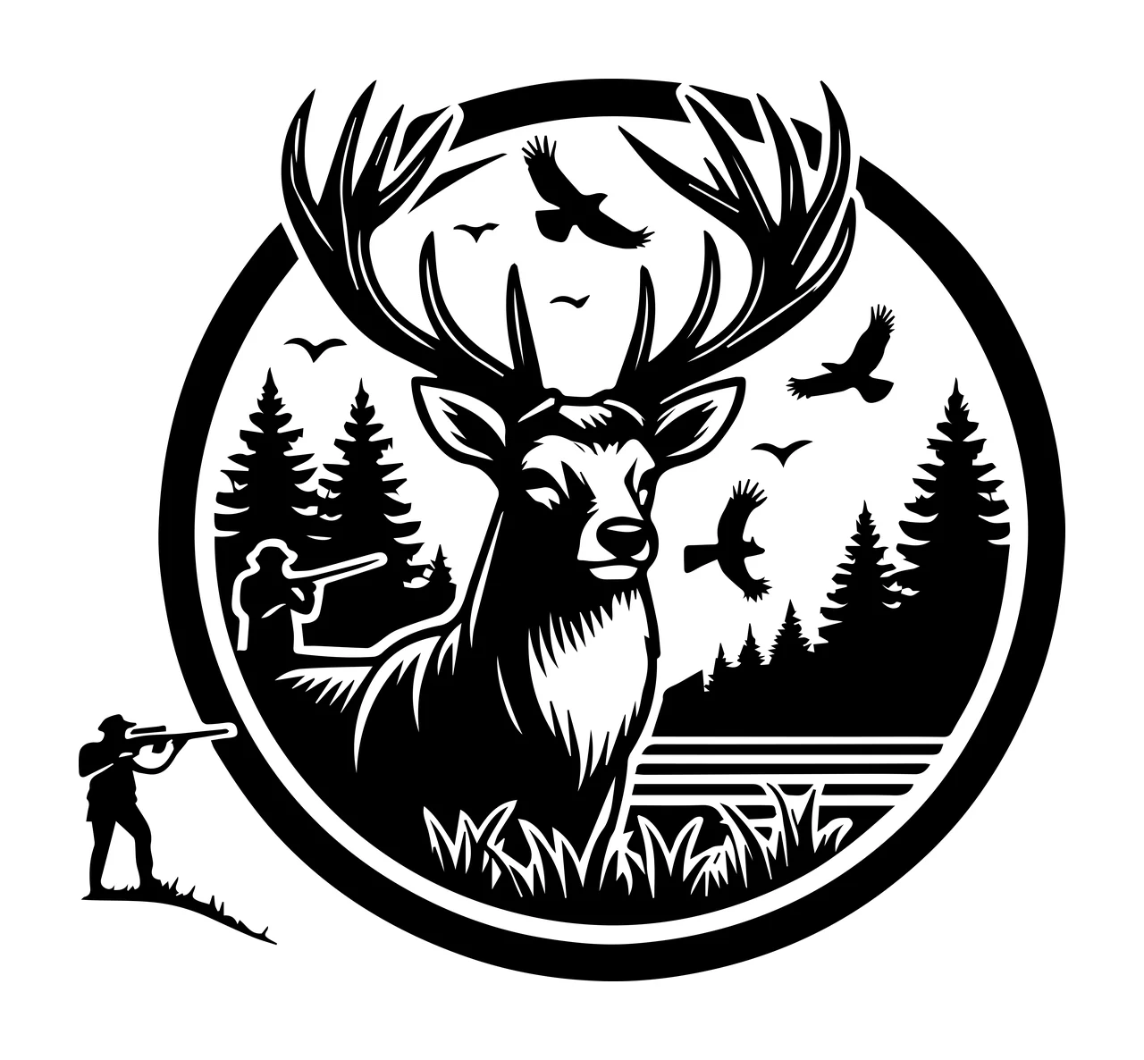 Hunting Hunter With Stag In Forest standing trees birds circle