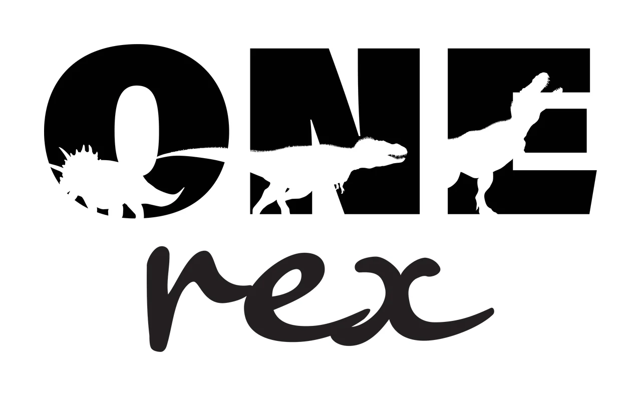 ONE rex dinosaur typography with block lettering, cursive script, dinosaur silhouettes and T-rex silhouette in black and white