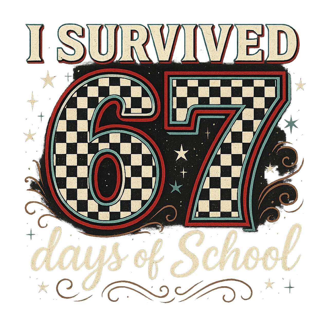 Survived 67 Days of School Checkered Glitch Design Funny