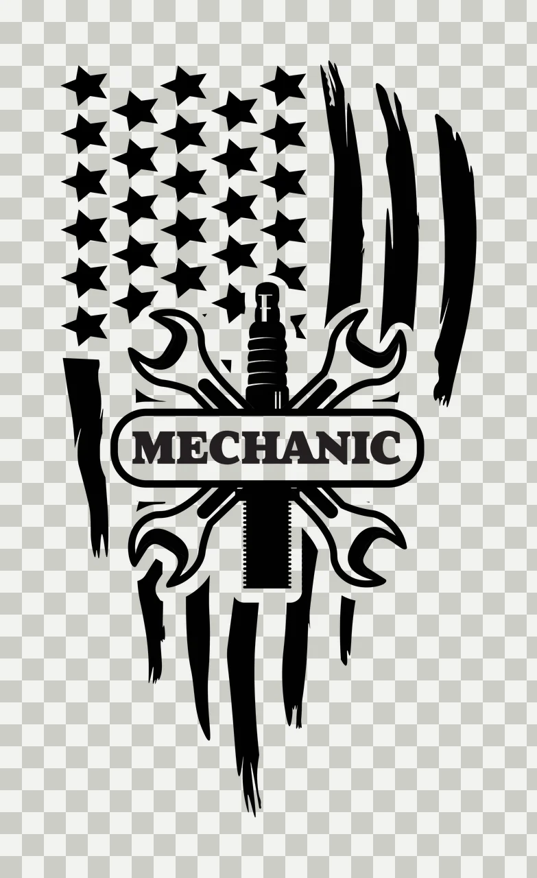 Mechanic Text With Flag And Tools Represent wrenches spark plug transparency and detail preview thumbnail