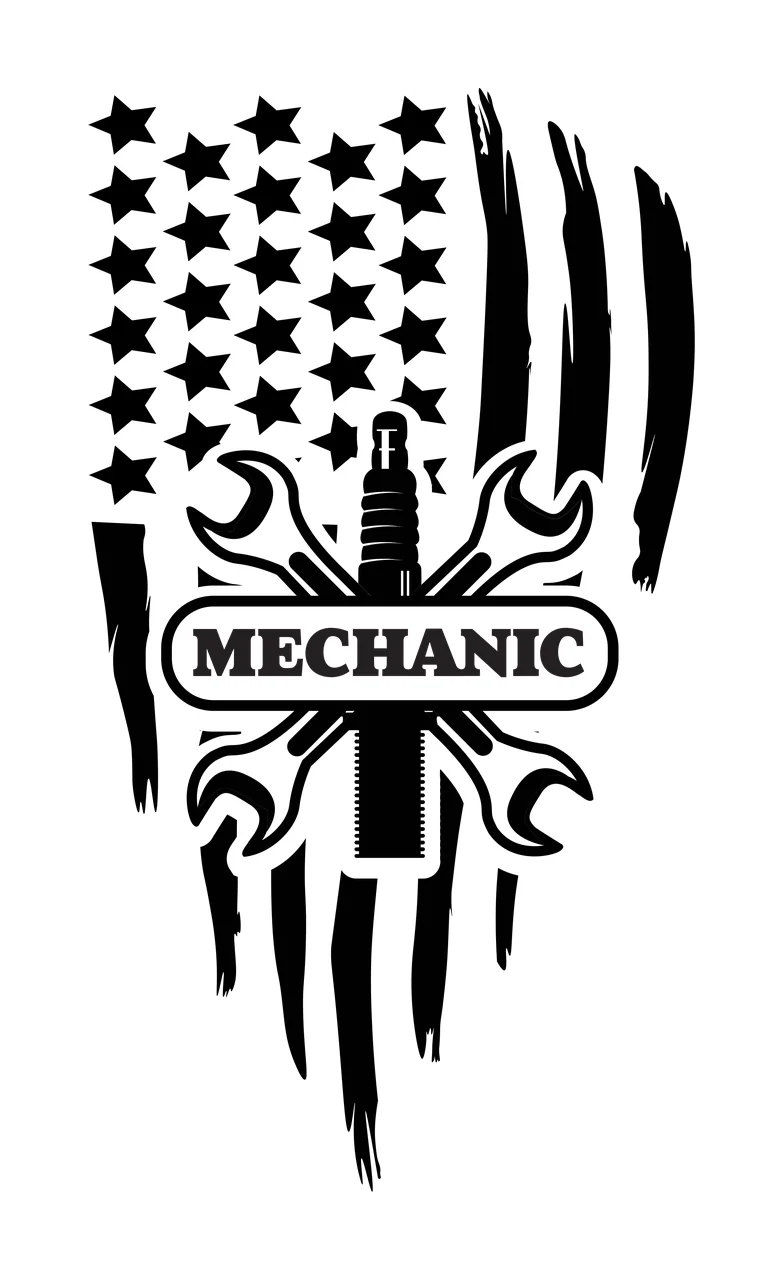 Mechanic Text With Flag And Tools Represent wrenches spark plug