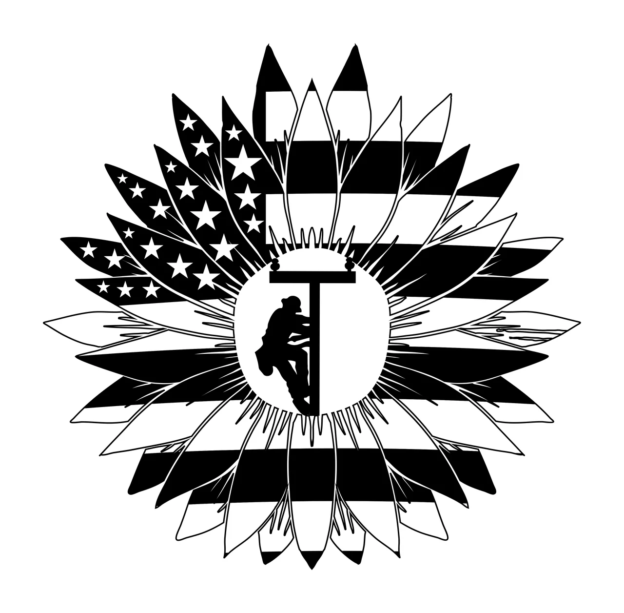 Worker Climbing Pole Inside Flower Silhouette utility petals